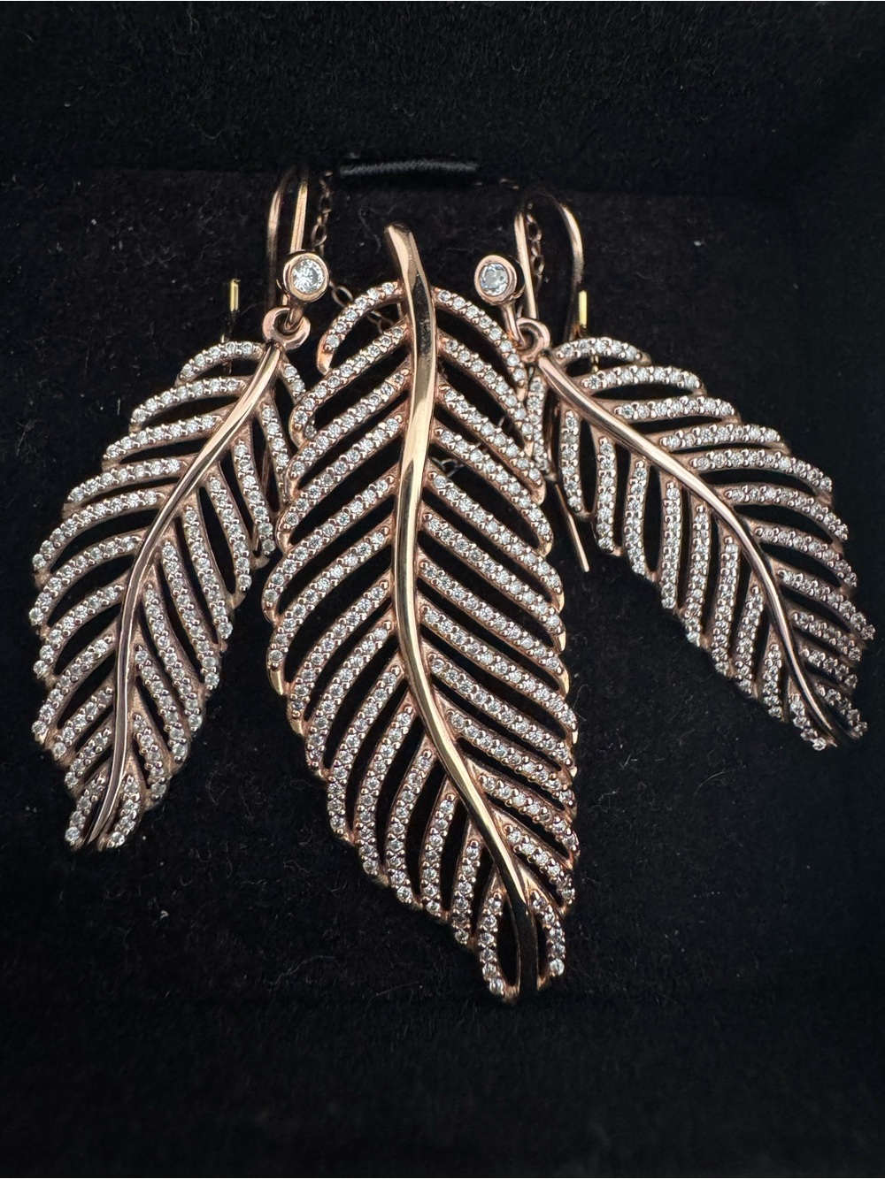 Authentic Pandora Sparkling Rose Gold Leaf Drop Earrings and necklace set